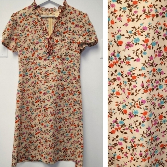 Vintage 70s Montgomery Wards Beige Print Floral Spring Dress Size 16 - Picture 12 of 12